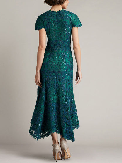 V-Neck Lace Short Sleeve Solid Color Midi Dress