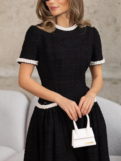 Tweed Pearl Puffy Skirt Midi Dress