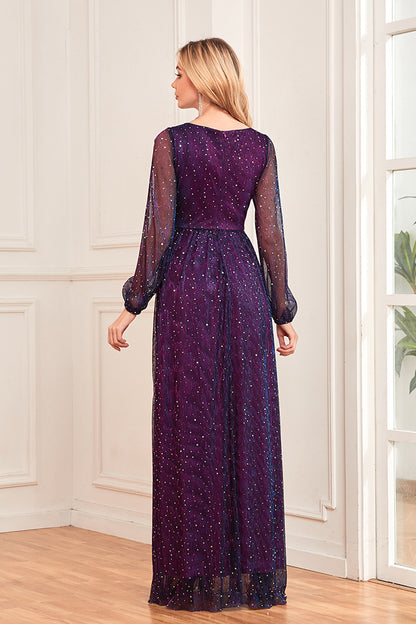 loveedsTM-Shiny pleated elastic see-through long sleeves V-neck elegant evening dress