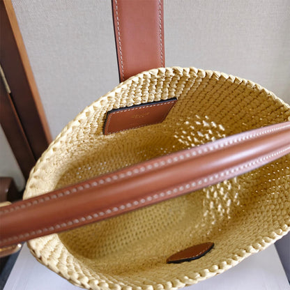 CELINE SMALL LOUISE BUCKET IN RAFFIA AND CALFSKIN