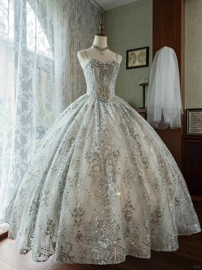 White shiny luxury gorgeous princess exquisite gemstone beads fashionable and elegant long tulle floor-length ball gown evening gown graduation gown adult ceremony gown wedding dress gh3843