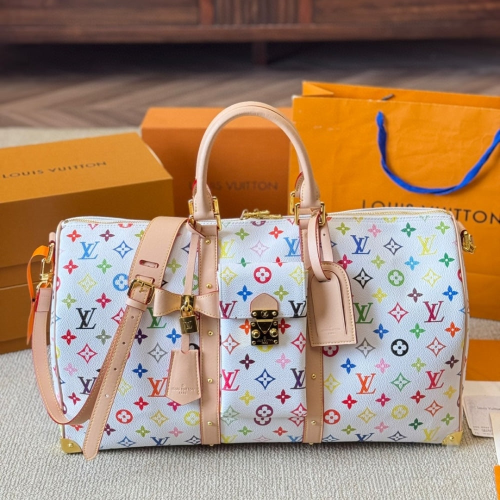 LOUIS VUITTON X TAKASHI MURAKAMI KEEPALL BANDOULIÈRE 45 BAG MULTICOLORE BLANC 45CM M13742