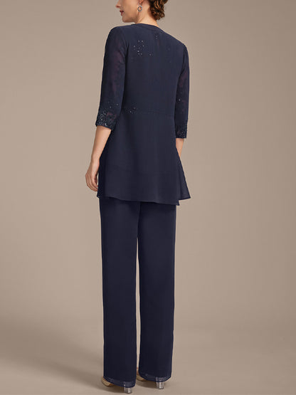 Round Neck Lace Solid Color Chiffon Top And Trousers Three-Piece Suit