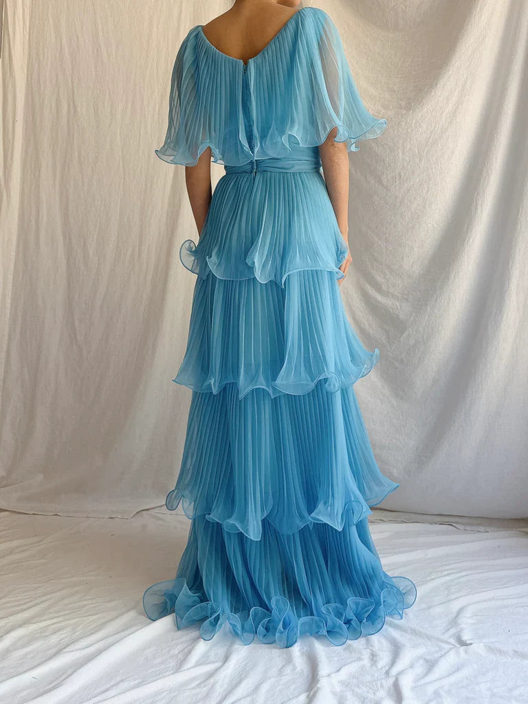 Blue Layered Chiffon A Line V Neck Simple Long Party Dress Evening Dress 18 Birthday Dress SH3625