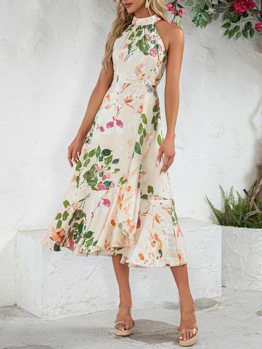 Ruffle Floral Print Halter High Neck A-line Chiffon Satin Asymmetrical Midi Dress