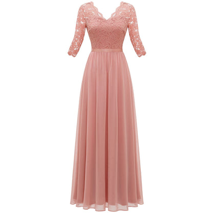 loveedsTM- Women&#39;s Elegant Vintage V Neck 3/4 Sleeve Floral Lace Chiffon Wedding Bridesmaid Maxi Dress Long Formal Dresses