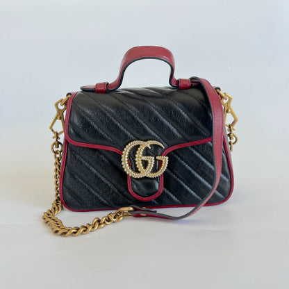 Gucci Black/Red Diagonal Quilt Leather Mini GG Marmont Bag