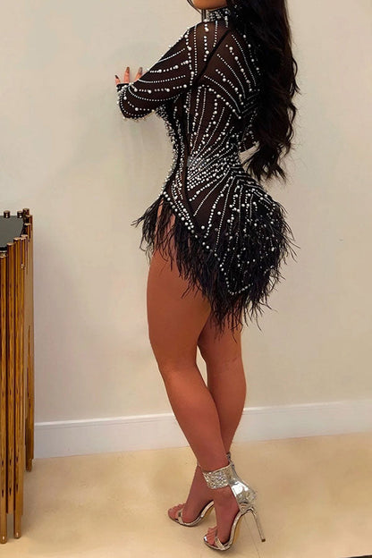 loveedsTM- Rhinestone & Beaded Decor Striking Tassel Irregular See-Through Mini Dress