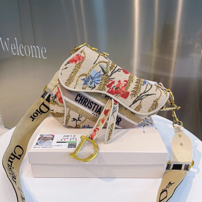 CHRISTIAN DIOR SADDLE BAG EMBROIDERED CANVAS HANDBAG IVORY