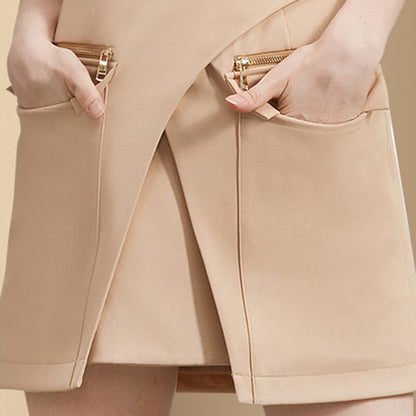 loveedsTM-Casual Khaki Two Piece Set Notched Long Sleeve Blazer High Waist Irregular Mini Skirt