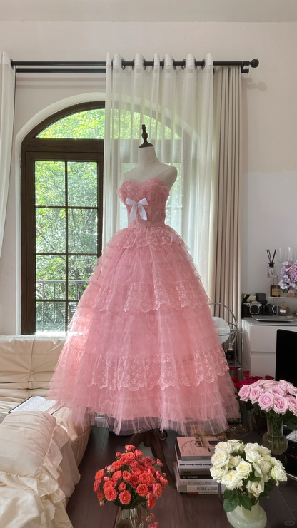 Pink sweet fashion elegant exquisite lace bow long tulle lace princess ball gown evening dress birthday dress adult ceremony dress gh4033