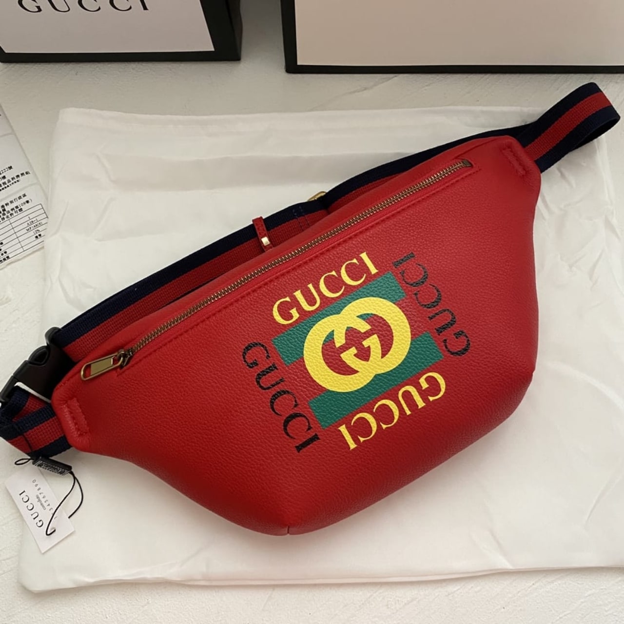 GUCCI PRINT BELT BAG RED 28CM 493869 0GDCT 6463