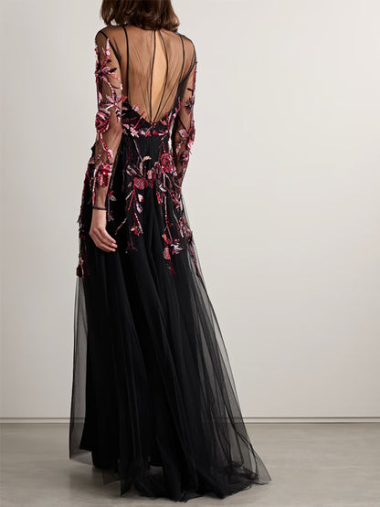 Round Neck Mesh Sequins Maxi Dress