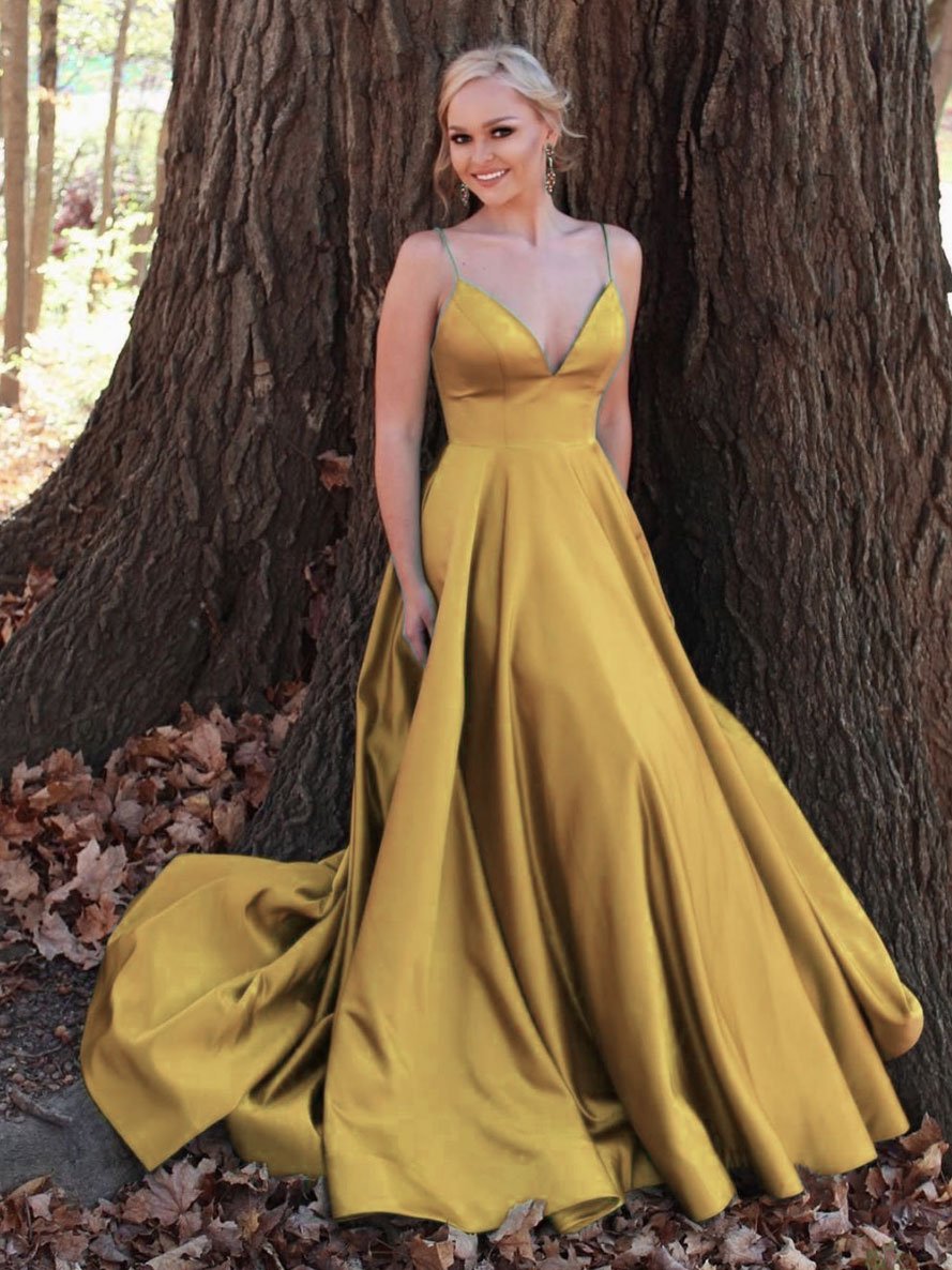 Simple v neck satin long prom dress green v neck gold formal dresses,Dance Dress