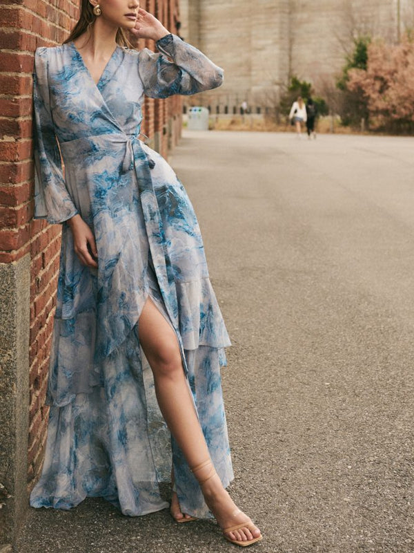Blue V-neck Print Maxi Dress