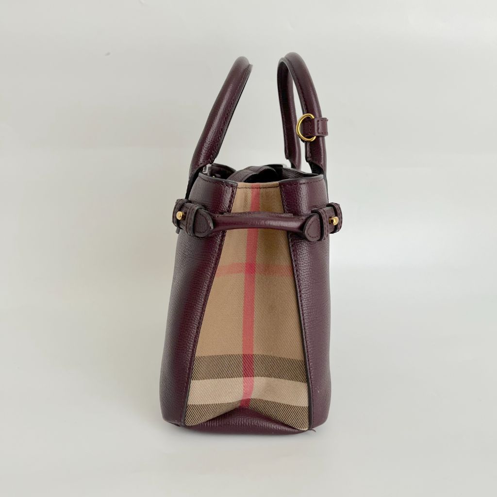 Burberry Burgundy/Beige Leather and House Check Fabric small banner tote