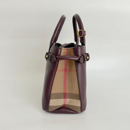 Burberry Burgundy/Beige Leather and House Check Fabric small banner tote