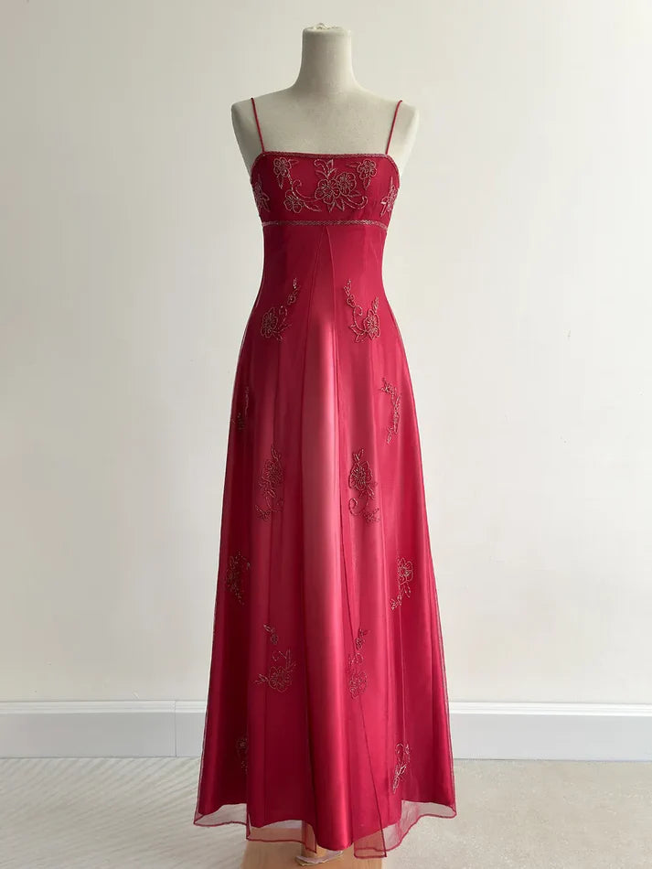 Red Fashion Elegant Exquisite Embroidery Beading Spaghetti Strap Long Tulle prom dress Evening Gown Party Dress gh3576