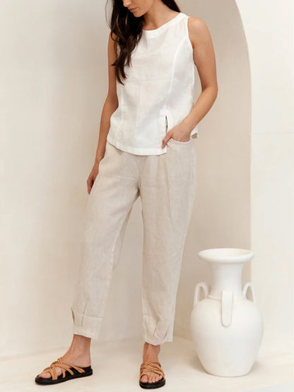 Round Neck Sleeveless Solid Color Cotton And Linen Top