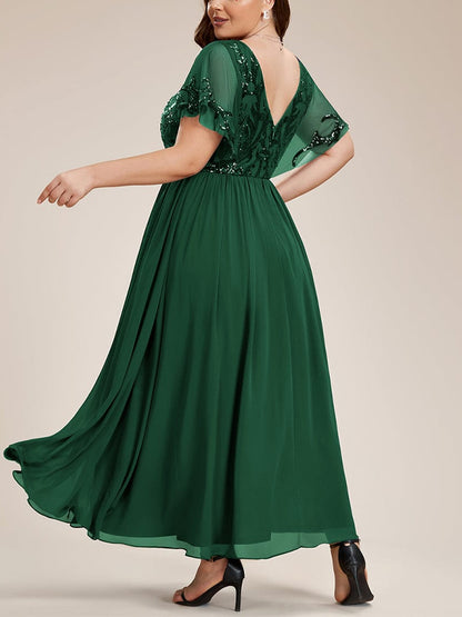 V-neck Lace Sequin Solid Color Maxi Dress