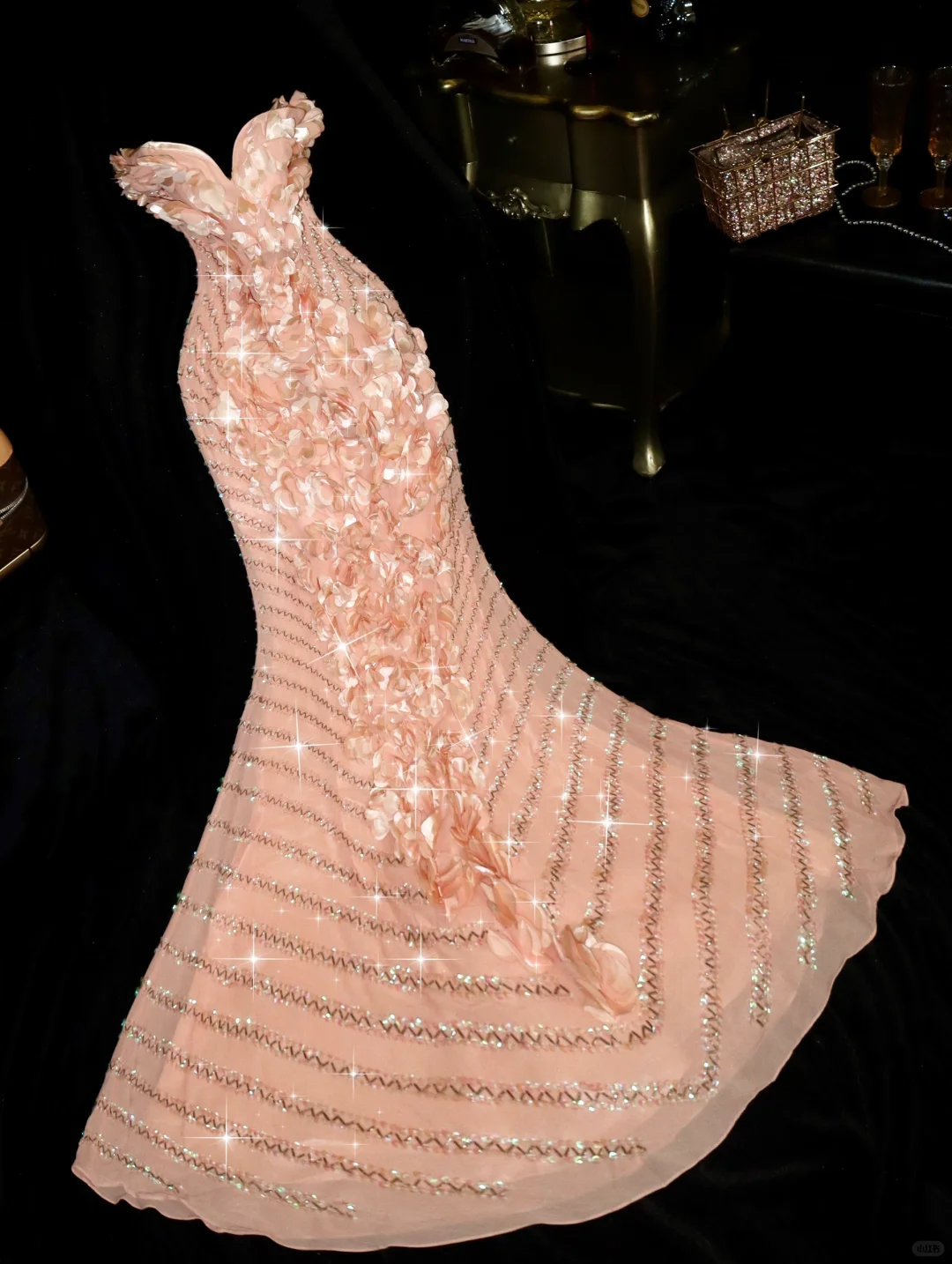 Pink Mermaid Sweetheart Neck Beaded Flower Chiffon Prom Dress Evening Dress SH3184