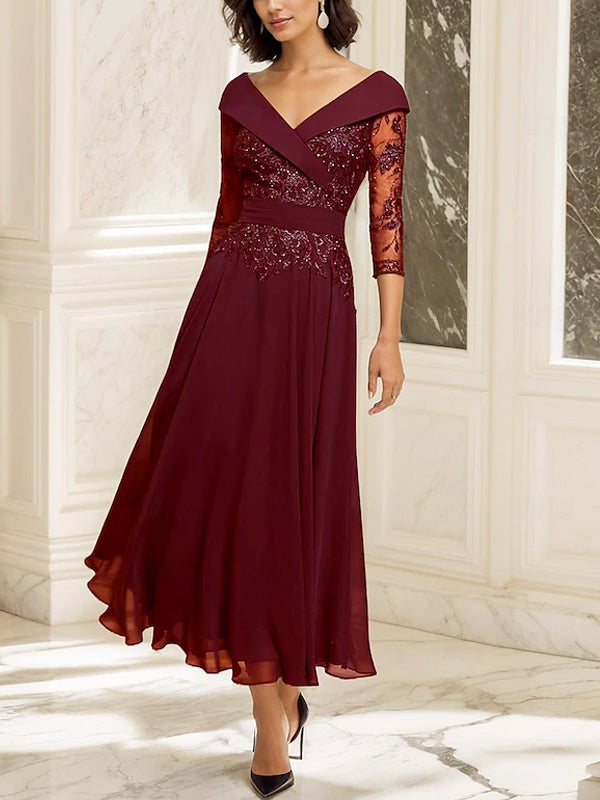 V-neck Lace Solid Color Maxi Dress