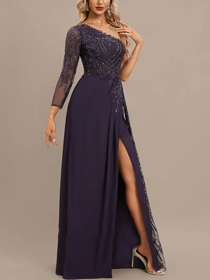 Sheath/Column One Shoulder Floor-Length Lace Chiffon Sequin Evening Dress