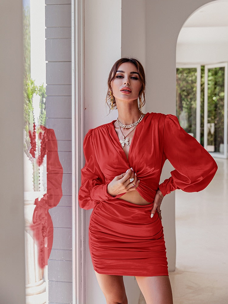 loveedsTM- Sexy deep v neck bodycon dress Party club hollow out mini dress Elegant winter autumn chic lantern sleeve satin dress