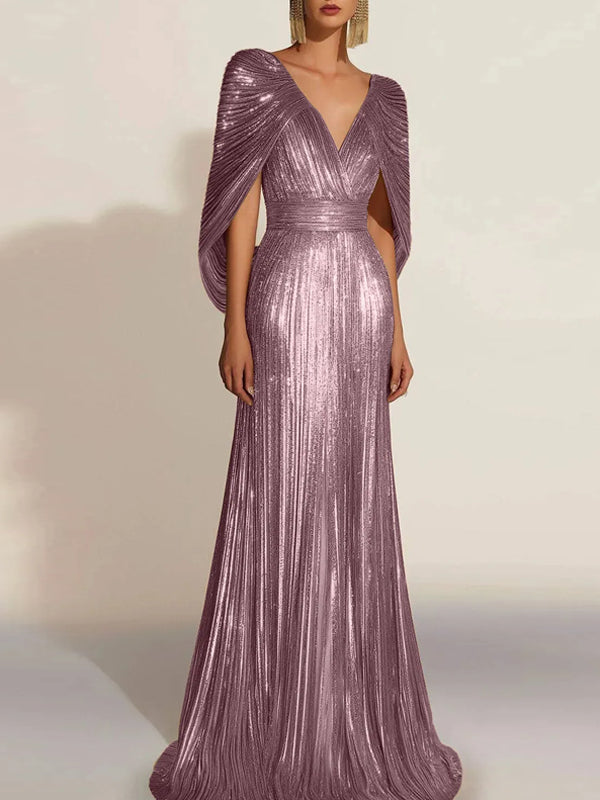 Formal Evening Fringe Dress Gold Cape V-neck Floor-length Gown