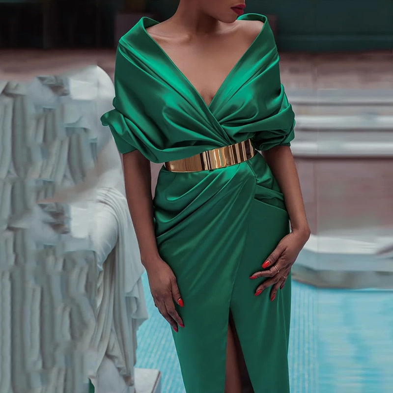 loveedsTM- Women Dress Fashion Solid Sexy V-Neck Short  Batwing Sleeve Nipped Waist Slit Pleated Evening Party Dresses No Belt