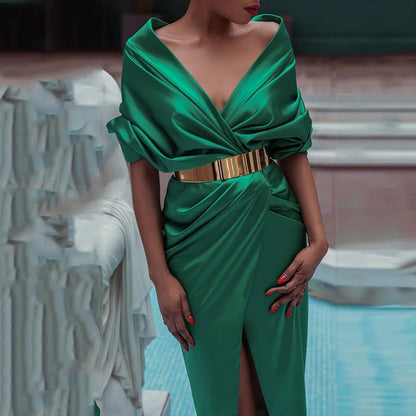 loveedsTM- Women Dress Fashion Solid Sexy V-Neck Short  Batwing Sleeve Nipped Waist Slit Pleated Evening Party Dresses No Belt