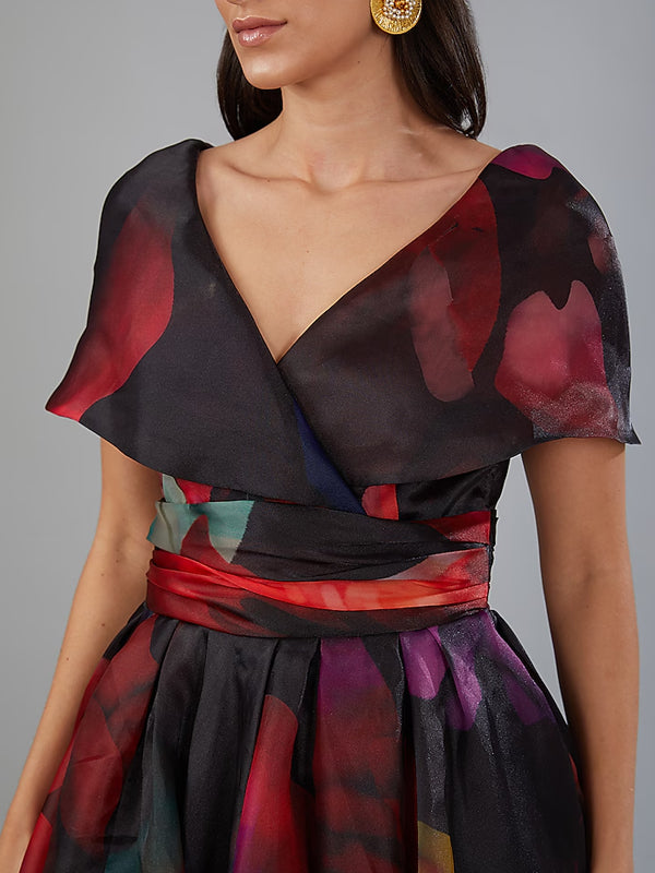 Black Organza Printed Midi Dress