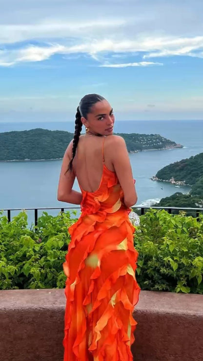 Orange Spaghetti Strap Sexy Ruffle Hem Mermaid Long Party Dress Wedding Guest Dress Ball Gown Irregular Bodycon Evening Dress gh3036