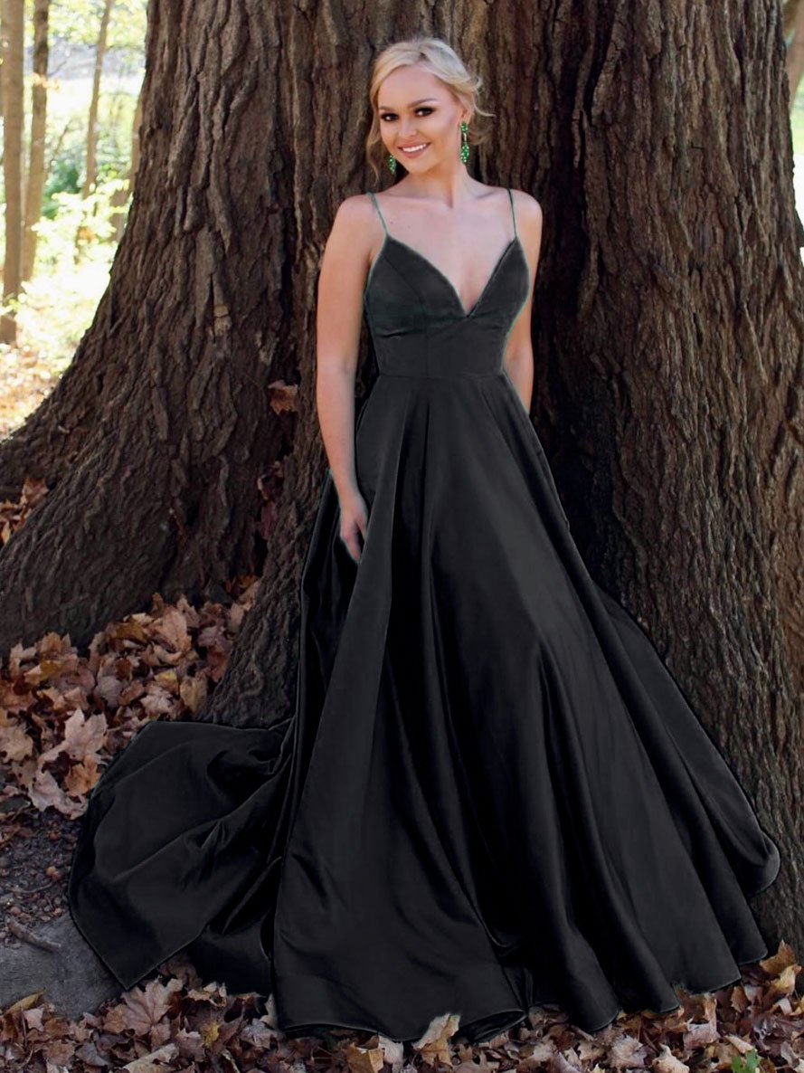 Simple v neck satin long prom dress green v neck gold formal dresses,Dance Dress