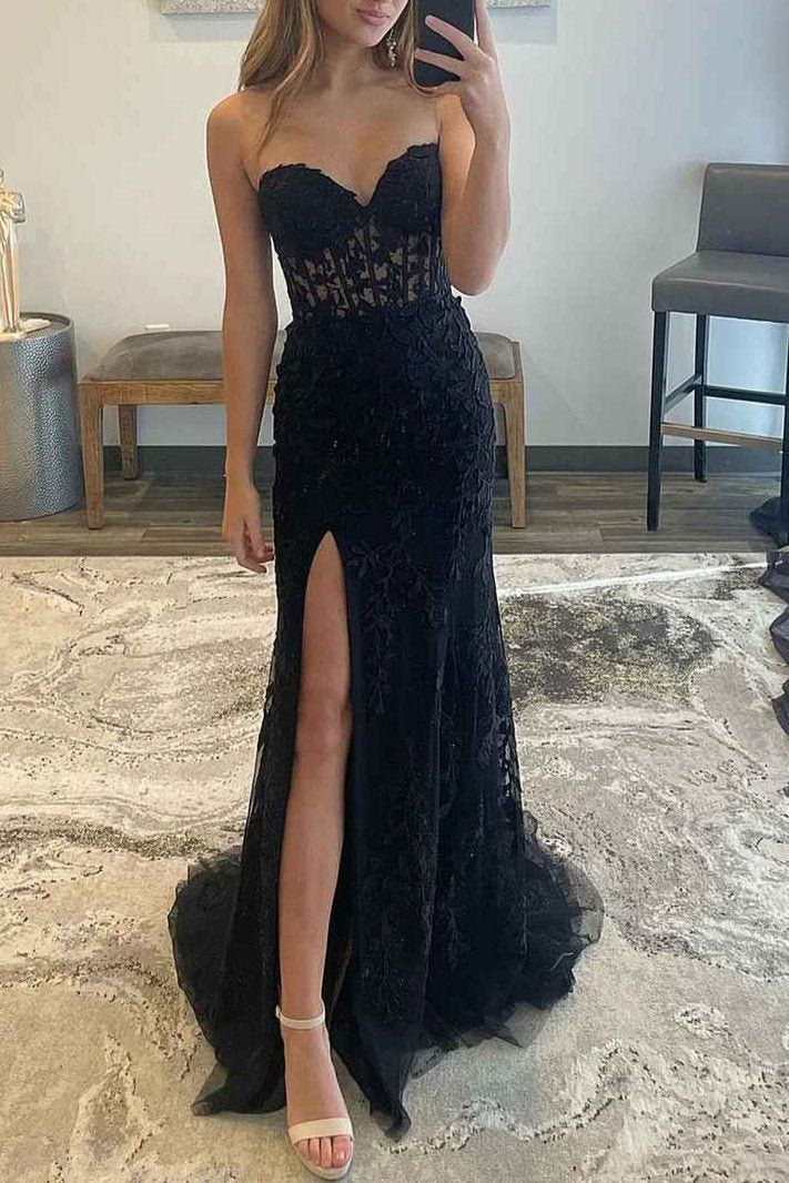 Pretty Mermaid Strapless Corset Lace Prom Dress with Slit DP295