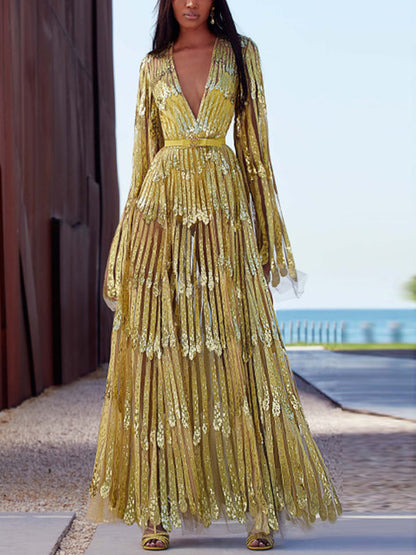 V-neck Lace Solid Color Long Sleeves Maxi Dress