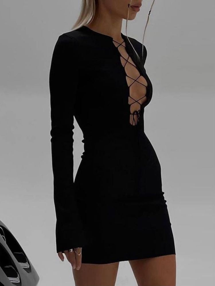 loveedsTM- Autumn Sexy Bandage Black Mini Dress for Women Fashion Outfits Party Club Long Sleeve Bodycon Dresses Vestido Knit