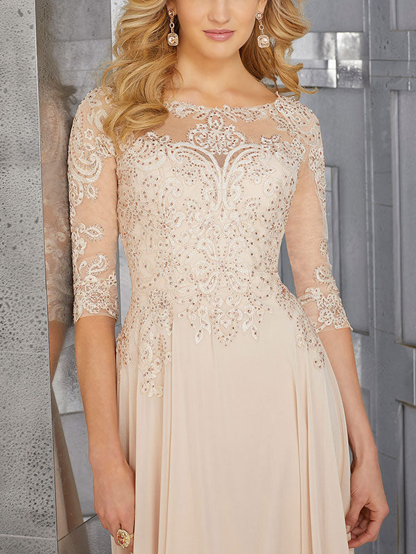 Chiffon Mother of the Occasion Gown with Beaded Bodice and 3/4 Illusion Sleeves