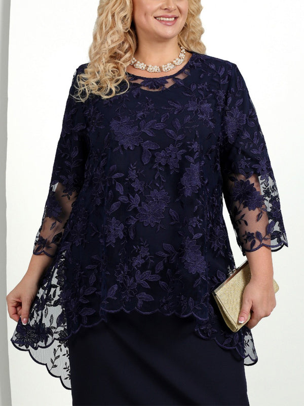 Round Neck Lace Solid Color Midi Dress