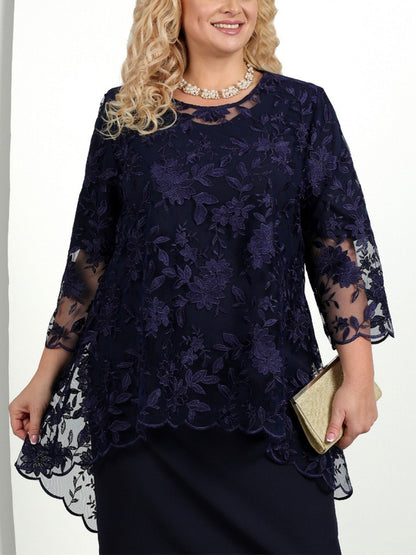 Round Neck Lace Solid Color Midi Dress