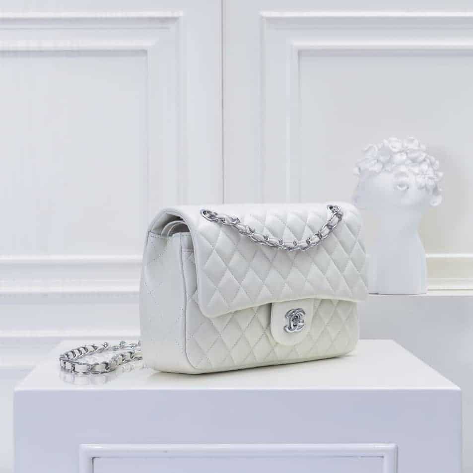 CHANEL CLASSIC DOUBLE FLAP BAG WHITE SILVER HARDWARE 25CM