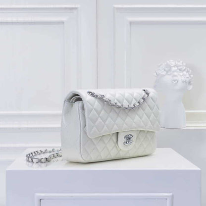 CHANEL CLASSIC DOUBLE FLAP BAG WHITE SILVER HARDWARE 25CM