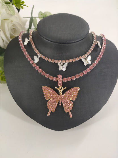 Personalized Butterfly Rhinestone Double Diamond Chain Necklace
