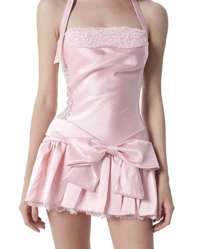 Pink A Line Halter Lace Satin Backless Mini Homecoming Dress with Bow SH3315