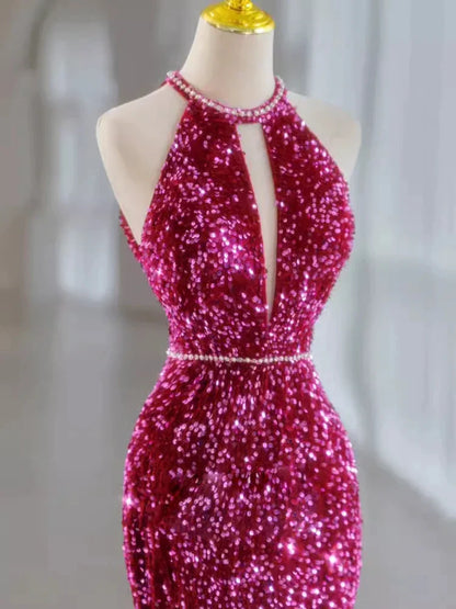 Pink Gorgeous Shiny Exquisite Beaded Halter Long Mermaid Slim Sequin Floor Length Ball Gown Evening Gown Party Dress gh3395