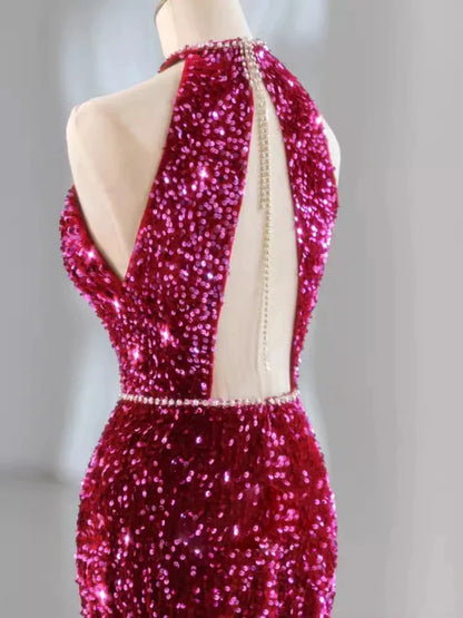 Pink Gorgeous Shiny Exquisite Beaded Halter Long Mermaid Slim Sequin Floor Length Ball Gown Evening Gown Party Dress gh3395