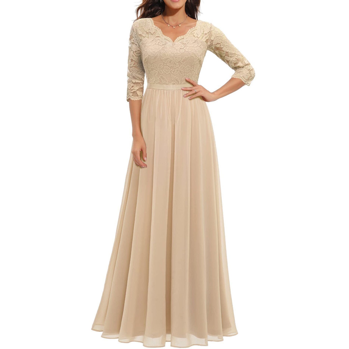 loveedsTM- Women&#39;s Elegant Vintage V Neck 3/4 Sleeve Floral Lace Chiffon Wedding Bridesmaid Maxi Dress Long Formal Dresses