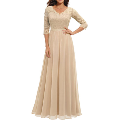 loveedsTM- Women&#39;s Elegant Vintage V Neck 3/4 Sleeve Floral Lace Chiffon Wedding Bridesmaid Maxi Dress Long Formal Dresses