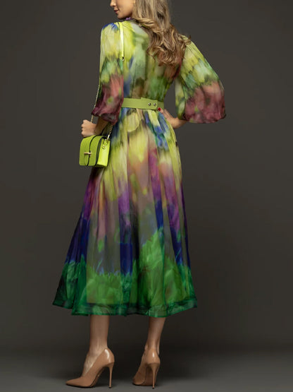 Crew Neck Printed Chiffon Midi Dress