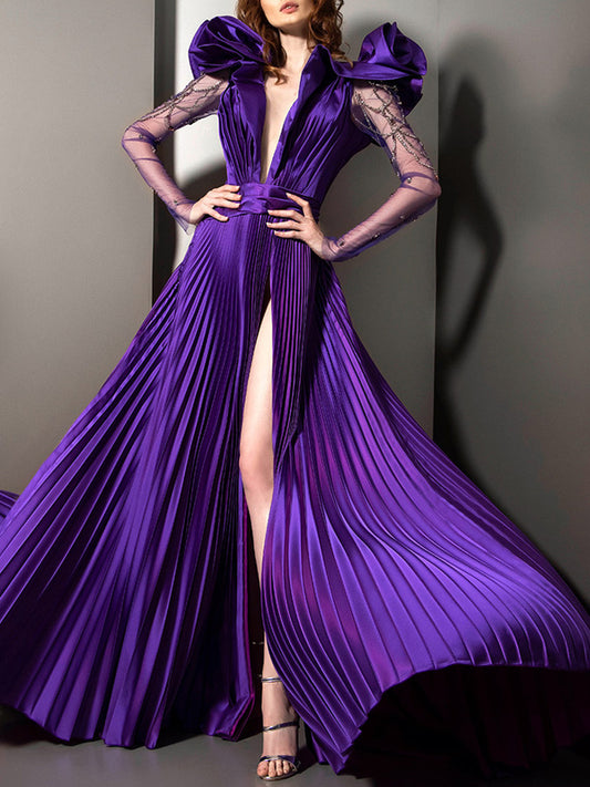 V-neck Solid Color Mesh Maxi Dress